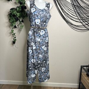 Vintage Floral Sleeveless Maxi Button-Down dress - Gray and Blue